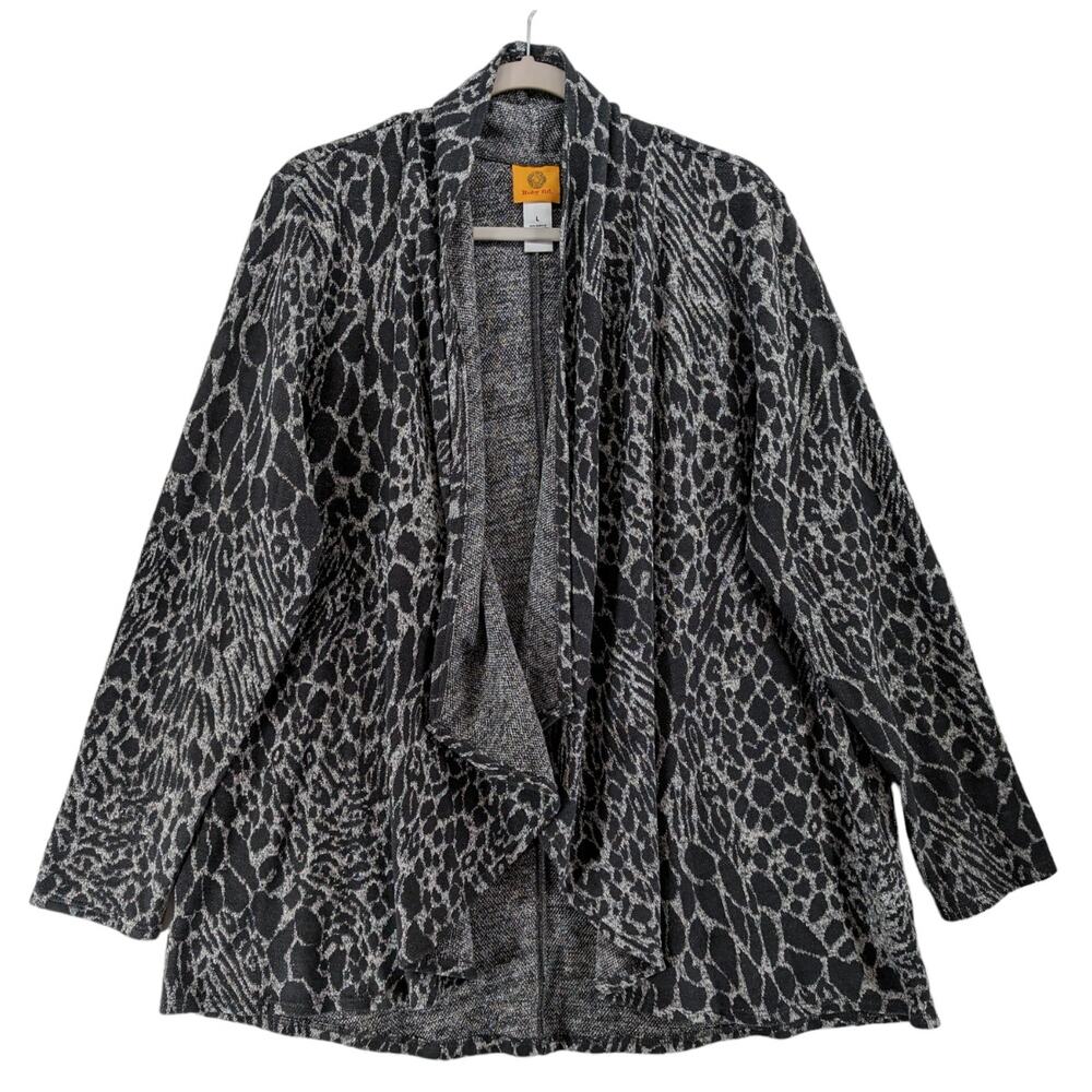 Ruby Rd Open Front Cardigan L Black White Waterfall Draped Animal Print Flowy